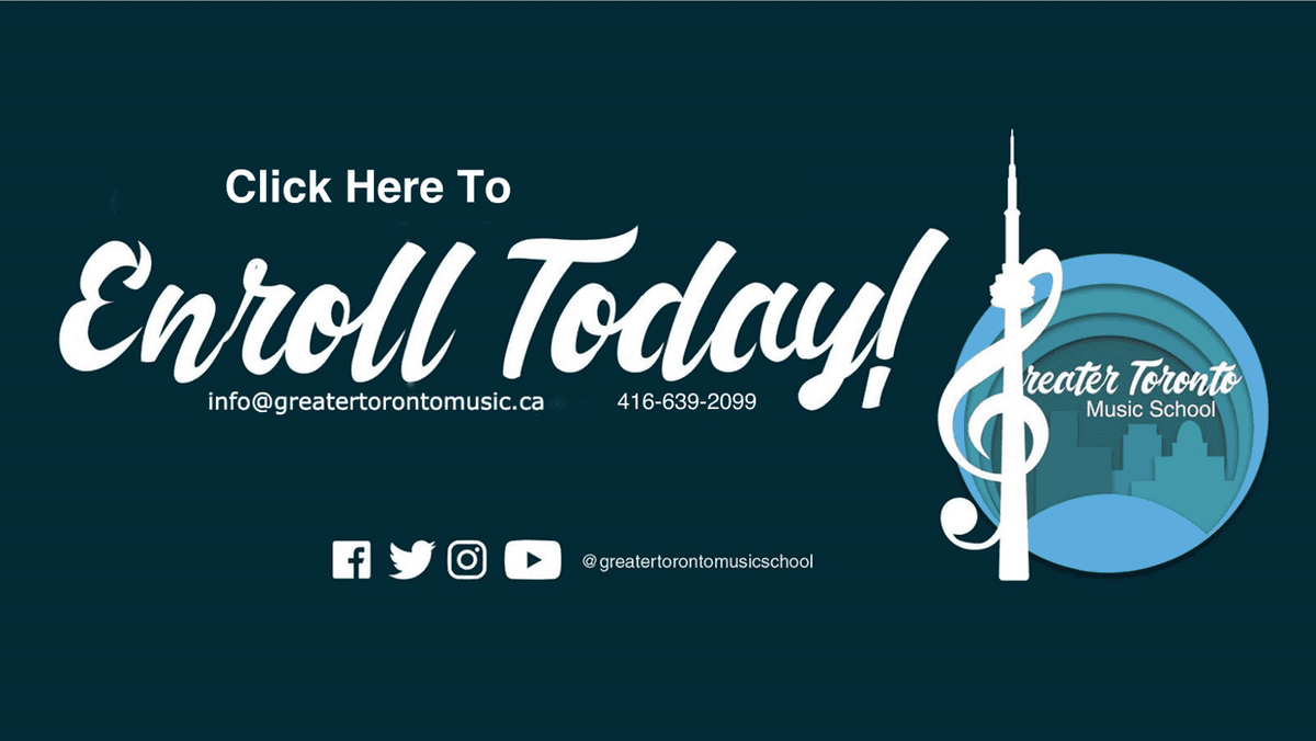 Dark teal promo graphic for Greater Toronto Music School with Click Here To Enroll Today!, email, phone, and social icons.