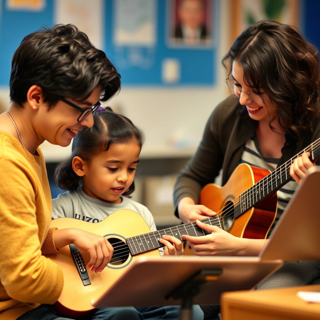 Three people smiling while playing guitars in a classroom. A child is learning; the mood is joyful. Background features blue walls and art.